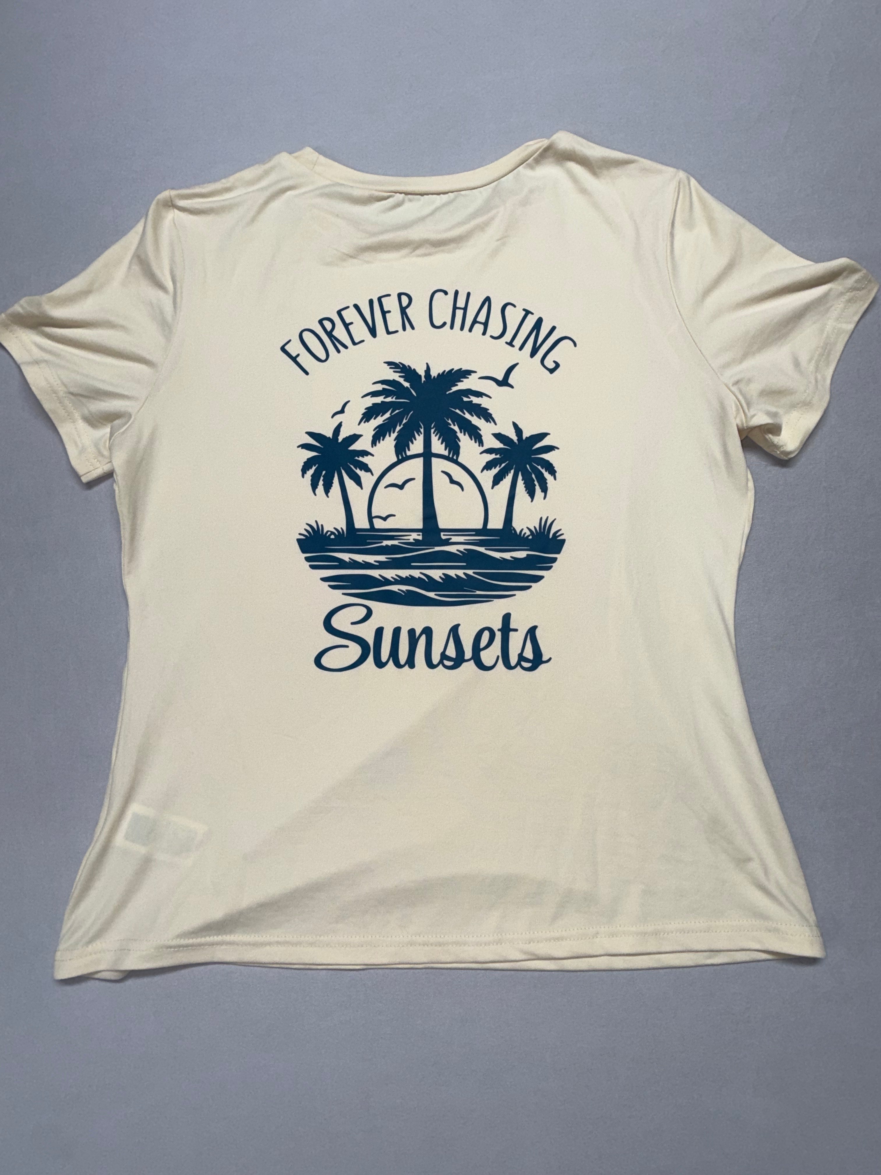 SHEIN Forever Chasing Sunsets Graphic Tee Women's Large Yellow Palm Tree Shirt Casual Summer Top