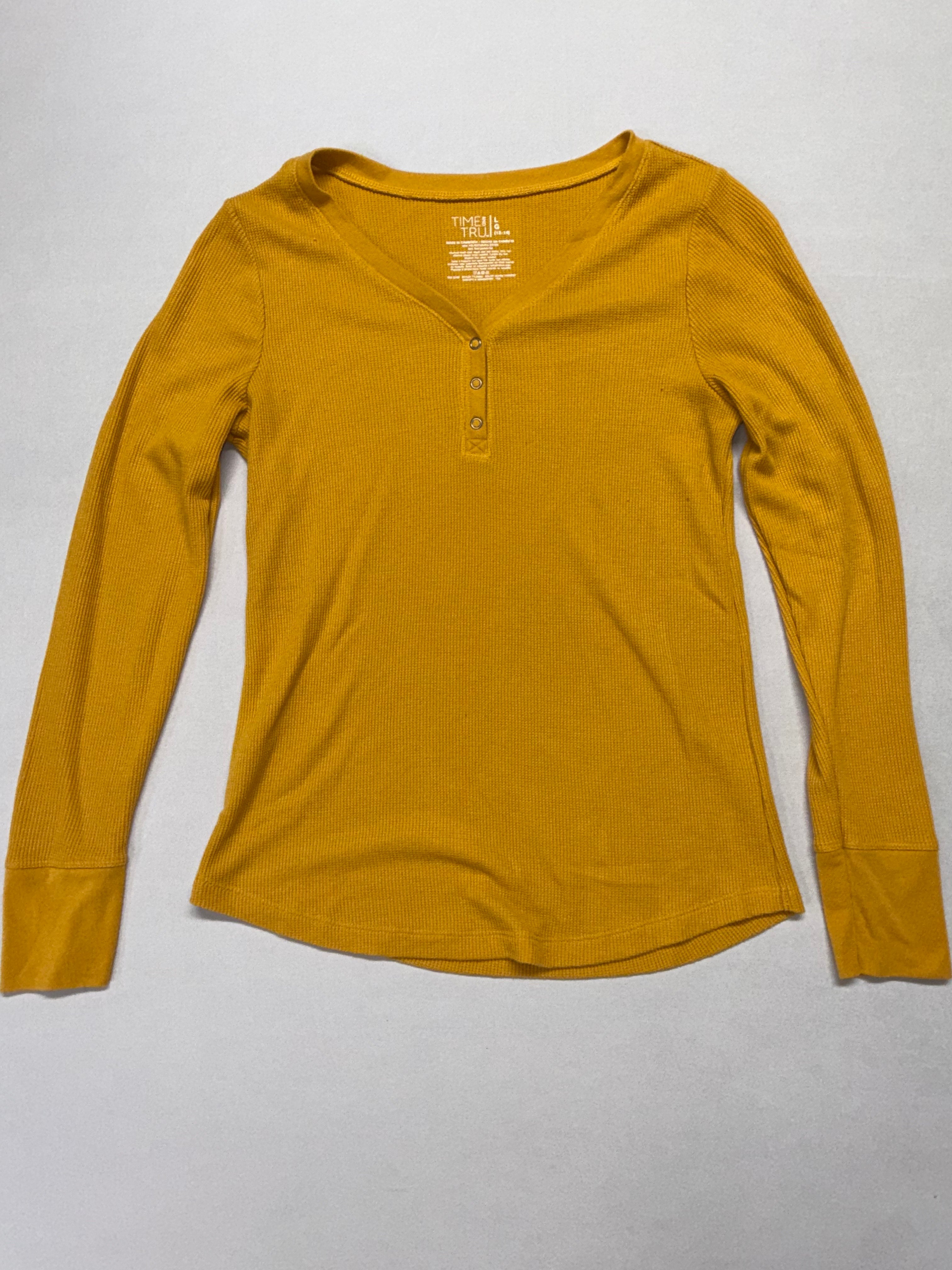 Time and Tru Mustard Yellow Ribbed Henley Top Women's Large Long Sleeve Casual Shirt