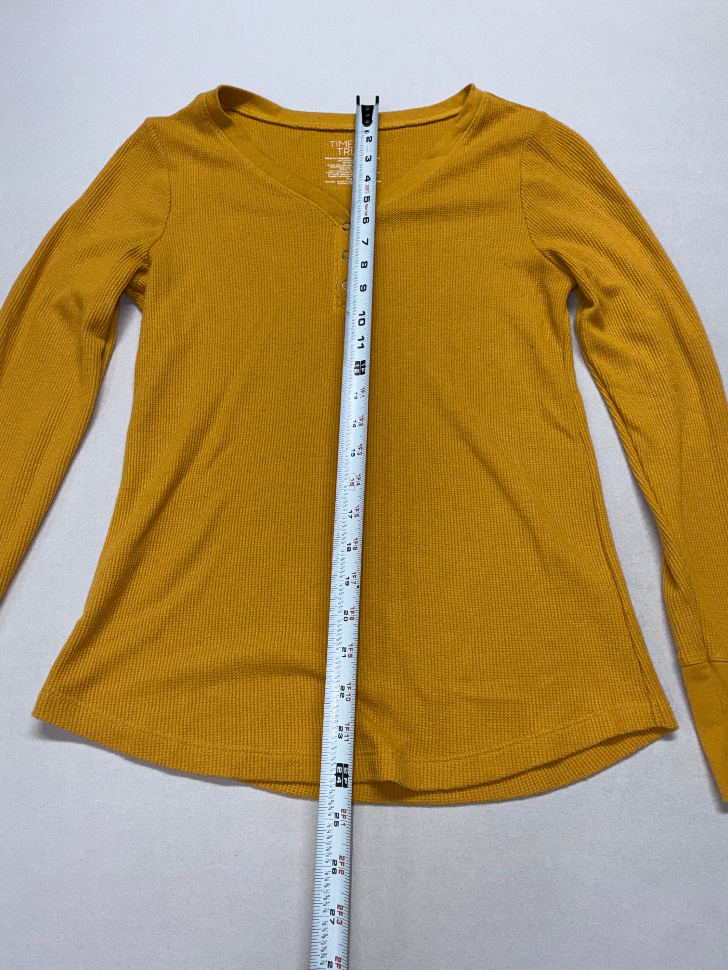 Time and Tru Mustard Yellow Ribbed Henley Top Women's Large Long Sleeve Casual Shirt