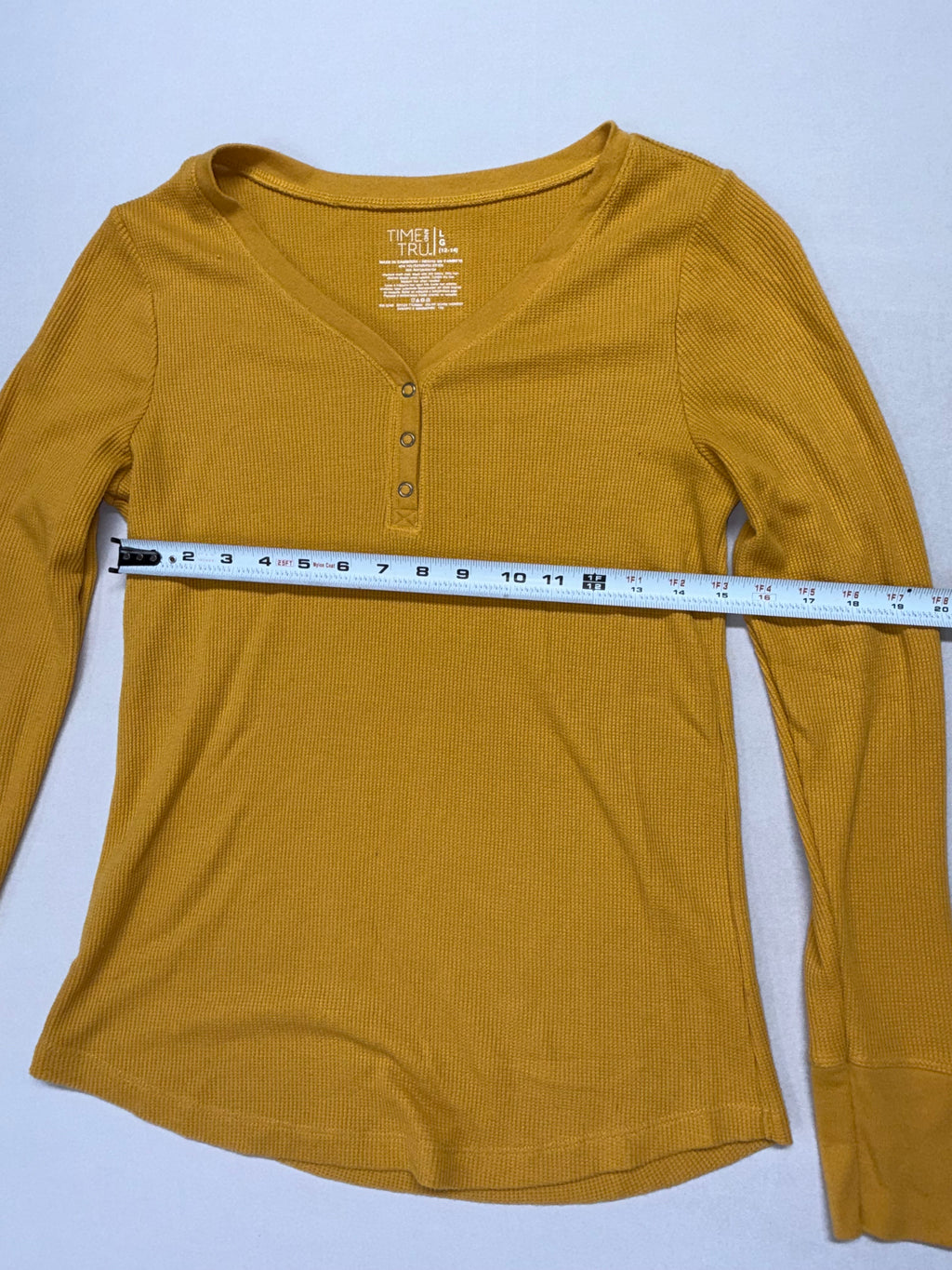 Time and Tru Mustard Yellow Ribbed Henley Top Women's Large Long Sleeve Casual Shirt