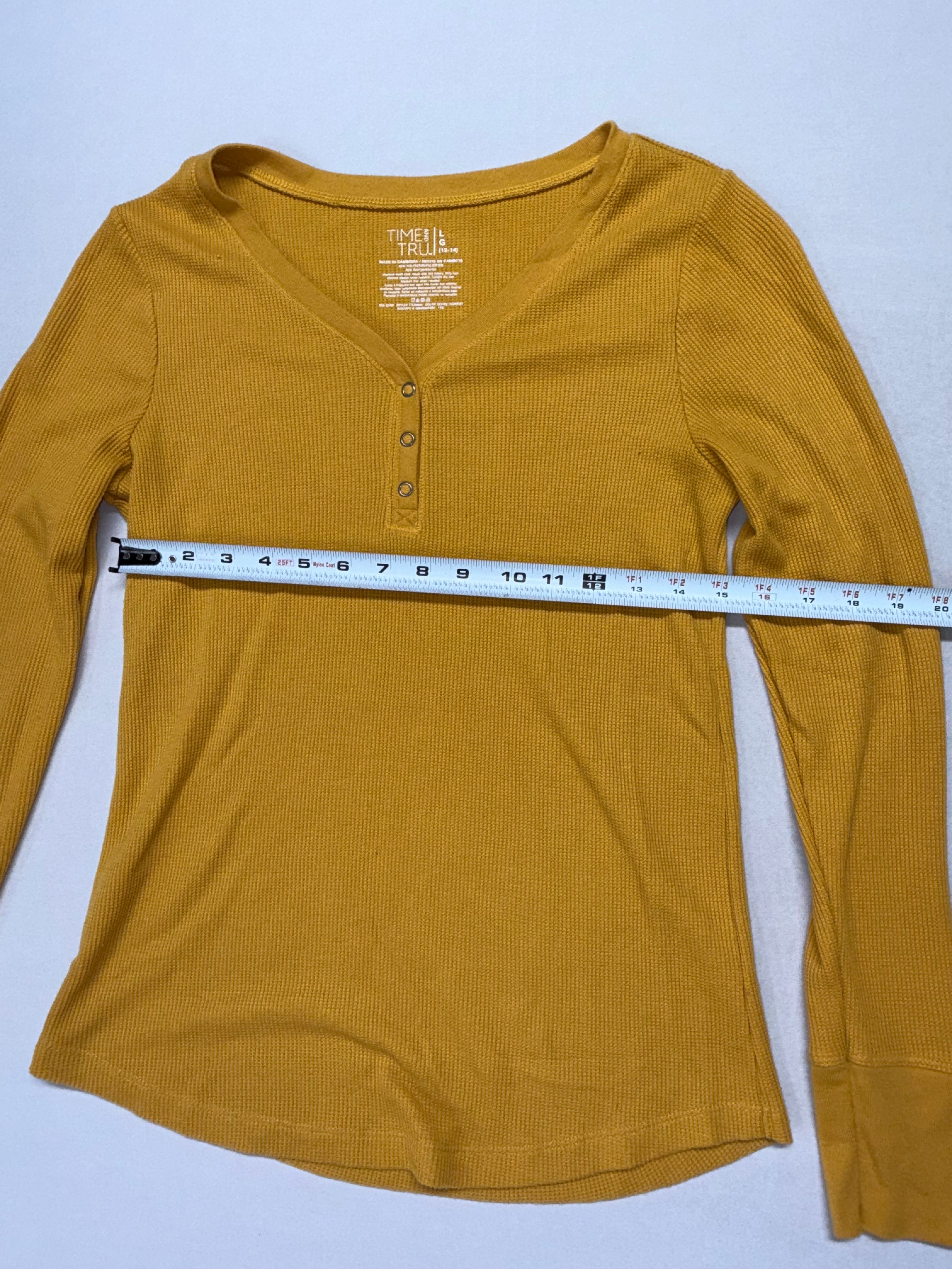 Time and Tru Mustard Yellow Ribbed Henley Top Women's Large Long Sleeve Casual Shirt